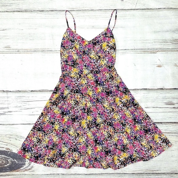 GAP Dress Mini Floral Print Black Pink A-Line Spaghetti Straps Size XS - Picture 1 of 12